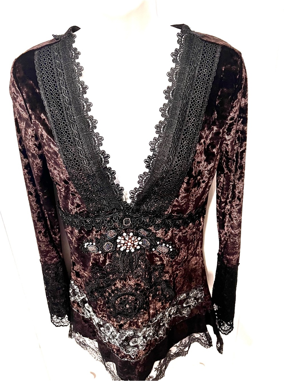 Velvet Lace V-Neck Tunic Top - Brown